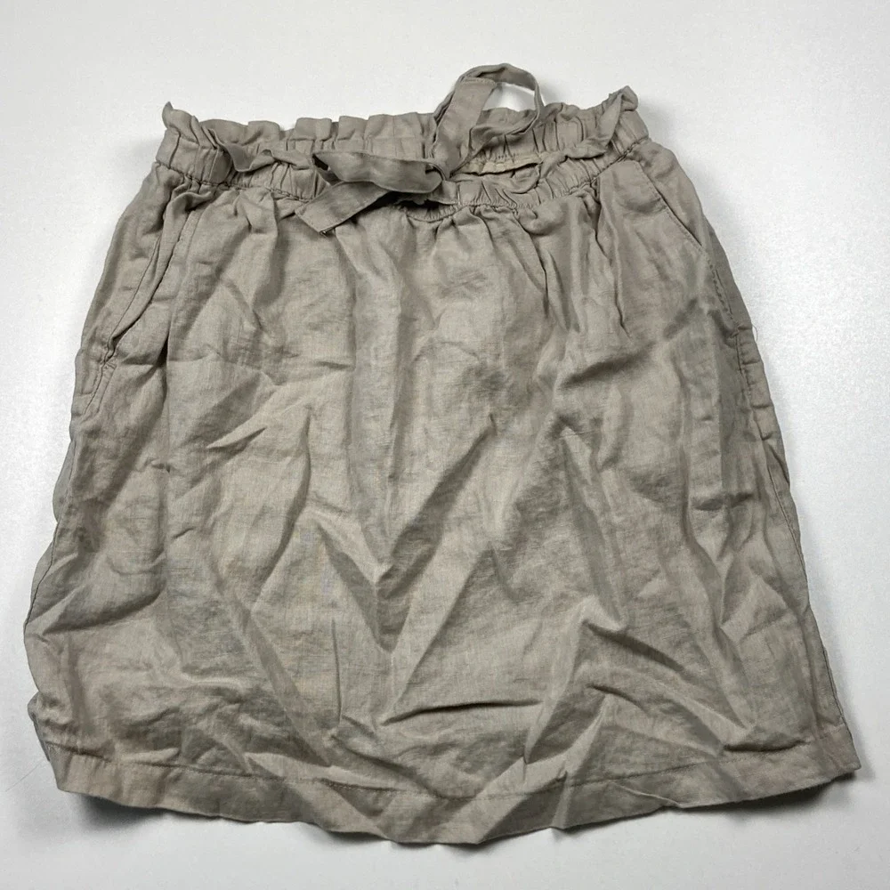 St. Tropez 100% Linen Skirt Size S Beige Drawstring Beachy Vacay Mini w/ Pockets